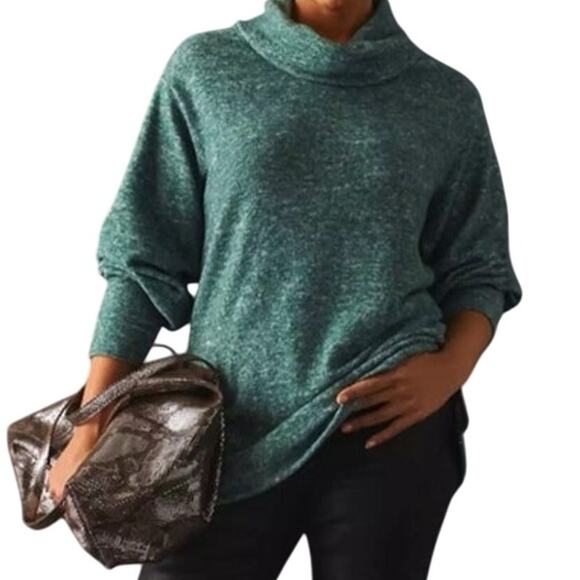Anthropologie Maeve Fleece Sweater Cowl Neck Longline Tunic Teal Green Womens 2X - Picture 1 of 7
